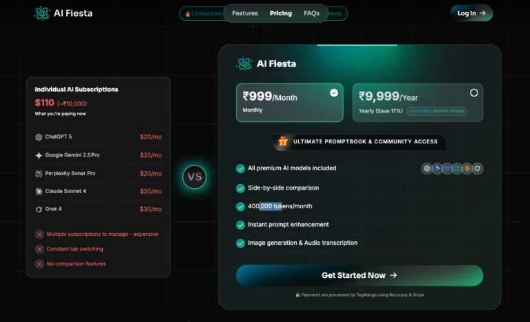 AI Fiesta App Interface showing multiple AI models in one subscription | Pricing