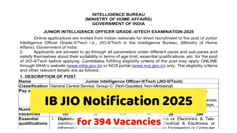 IB JIO Notification 2025 Out for 394 Vacancies