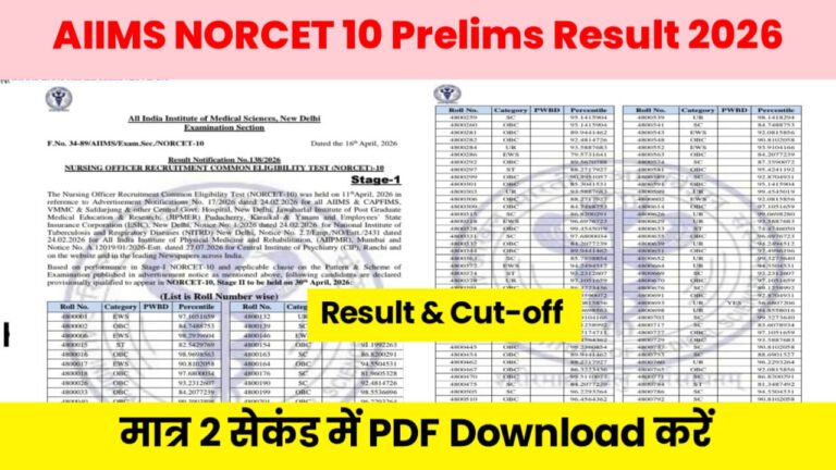 AIIMS NORCET 10 Prelims Result 2026 PDF link