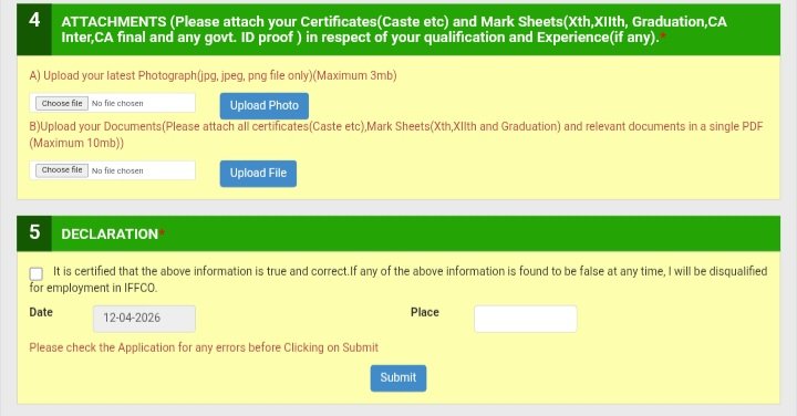 IFFCO Trainee Recruitment 2026 - Upload the required documents (photograph, marksheets, certificates)